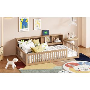 Letto a pavimento in legno marrone Twin XL con armadietti contenitore e porte USB - Prodotto per letti per bambini - Product Image 5