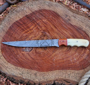 Couteau à filet en acier Damas fait main avec manche en bois de rose, lame de 8 pouces, design ambidextre |   Couteau de chef pour la cuisine et la pêche - Product Image 1