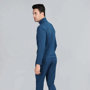 Ensemble de survêtement bleu uni pour homme avec col montant et poches latérales, tenue décontractée pour l'automne - Product Image 3