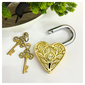 Heart Shaped Design <b>Padlock</b> Top Quality Rose Design Handmade <b>Padlock</b> Traditional Brass Polished With 2 Key Main Door Home Safety - Product Image 1