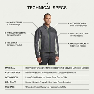 Veste en denim japonais en coton biologique pour homme avec empiècements en toile de voile recyclée, articulation pour une mobilité accrue, délavage à la pierre - Product Image 5