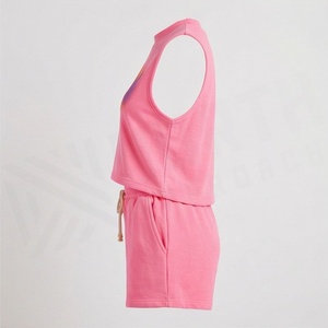Conjunto de Top Corto y Shorts de Punto Rosa sin Mangas, Cuello Redondo, Estampado, Casual, Holgado, para Mujer, 2 Piezas, por Encima de la Rodilla, Ropa de Verano - Product Image 3