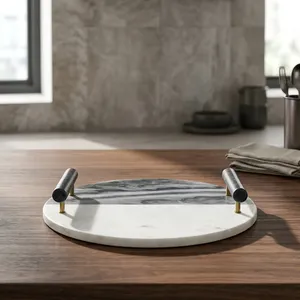 Round Marble Serving Tray with <b>Black</b> Metal Handles Modern Stone Platter Decorative Kitchen Coffee Table Centerpiece Home Decor - Product Image 1