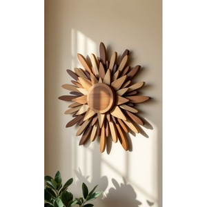 Panel de Pared Rústico de Madera de Mango con Acabado Sunburst, Venta al Por Mayor |   Arte Artesanal en Tono Marrón Miel Natural - Product Image 1