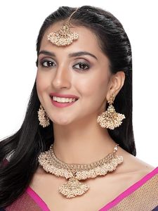 Gold Plated Alloy Necklace Earrings Headpiece <b>Set</b> Imitation <b>Pearls</b> Tassel Design Classic Women's Anniversary Fashion <b>Jewelry</b> - Product Image 2