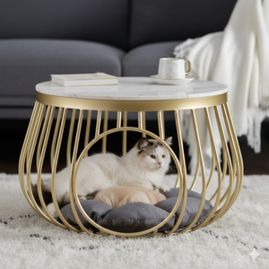 Table basse ronde de luxe avec lit pour animaux intégré |   Base en métal doré et plateau en marbre – Table de salon multifonctionnelle - Product Image 3