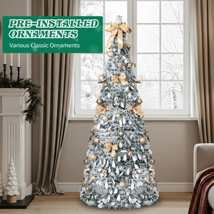 Albero di Natale Artificiale Pre-Illuminato 6 Piedi, Effetto Neve, 100 Luci Calde, Decorazioni Dorate in PVC, Super Realistico per Casa e Ufficio - Product Image 4