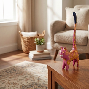 Statue d'animal en bois d'albizia faite à la main, queue de chat, rose, or, violet, artisanat de Bali, décoration d'intérieur, sculpture en bois, cadeau, ornement - Product Image 4