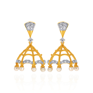 Boucles d'oreilles élégantes en or avec pierres blanches étincelantes, design en dôme ajouré et bijoux en perles pour femmes - Product Image 1