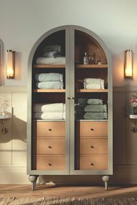 Mueble de Baño Premium de Madera de Teca Arqueada con Puerta de Vidrio y Almacenamiento para Toallas - Product Image 2
