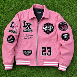 Custom Pink Leather Varsity <b>Jacket</b> for <b>Men</b> Premium Letterman Bomber <b>Jacket</b> with Embroidered Chenille Patches OEM ODM Manufacture - Product Image 6