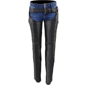 Pantalones de Motocicleta de Cuero Negro para Mujer con Panel de Mezclilla Azul, para Todas las Temporadas, Samroz Sports, Personalizables, de Alta Calidad - Product Image 1