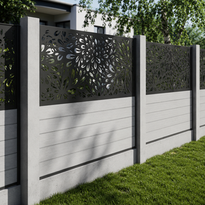 Valla Decorativa Moderna con Panel Floral Cortado con Láser, Postes de Concreto Grises, Muro de Jardín para Privacidad, Diseño para Exteriores - Product Image 5