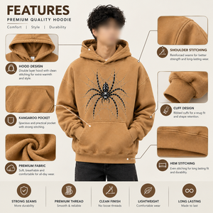 เสื้อฮู้ดดี้โอเวอร์ไซส์สีแทนสำหรับผู้ชาย เสื้อสวมหัวลำลองมีกระเป๋าหน้า ลายใยแมงมุมสีดำ เสื้อฮู้ดดี้ลายแมงมุมคุณภาพสูงสำหรับผู้ชาย - Product Image 5