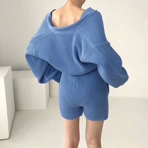 Custom Women Knit Crop Wool Rib Knit <b>Cardigan</b> <b>Sweater</b> 2 Two Piece Lounge Wear Short Pants Set - Product Image 2