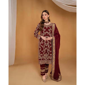 Broderie fantaisie et travail à la main en pierre Dupatta Ensemble haut et bas de taille 2XL - Product Image 1