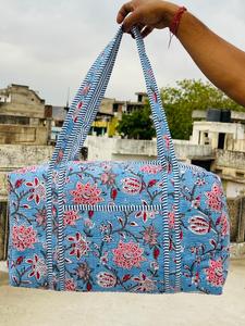 Women's Blue Floral Printed Weekender <b>Duffel</b> <b>Bag</b> with Striped Handles Large Capacity Travel Tote Zipper Closure Textile Material - Product Image 1