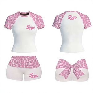 Conjunto de 2 Piezas para Mujer, Estilo Y2K, con Logotipo Personalizado, Ropa de Verano, Bonito Lazo, Estampado de Leopardo, Manga Corta con Pantalones Cortos, Ropa Informal con Lazo - Product Image 5