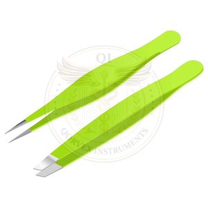 แหนบสแตนเลสสีเขียวปลายเฉียง ขนาด 4 นิ้ว สำหรับถอนขนหน้าผากและขนคิ้ว - Product Image 1