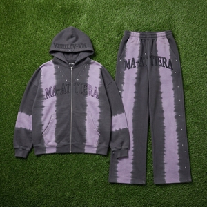 Conjunto de Sudadera con Capucha y Pantalones Tie Dye Gris Púrpura para Hombre, Sudadera con Cremallera y Detalles de Tachuelas, Pantalones de Pierna Ancha, Chándal de Dos Piezas Estilo Urbano - Product Image 5