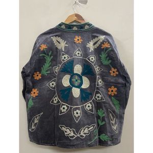 Veste en velours gris pour femme, col mandarin, broderie florale, manches longues, veste d'hiver - Product Image 2