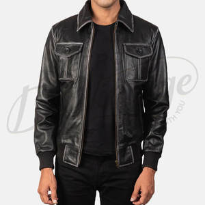 Veste en cuir véritable noire pour homme, effet vieilli, avec deux poches à rabat boutonnées sur le devant, col chemise classique et bordure côtelée - Product Image 6