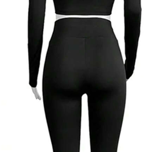 Ensemble Legging et Crop Top Noir à Manches Longues et Col en V pour Femme, Taille Haute, Sexy, Tenue de Club, Effet Ventre Plat, Amincissant, Coupe Ajustée Longueur Entière - Product Image 6