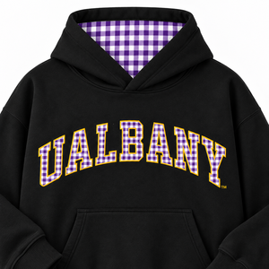 Sweat-shirt à capuche noir pour femme UAlbany, imprimé à carreaux, en polaire, manches longues, style décontracté, style automne - Product Image 4
