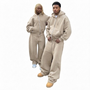 Conjunto de chándal unisex de peso pesado al por mayor, sudadera con capucha extragrande con cremallera, pantalones deportivos de pierna ancha, ropa de calle transpirable para otoño, a juego para parejas - Product Image 5