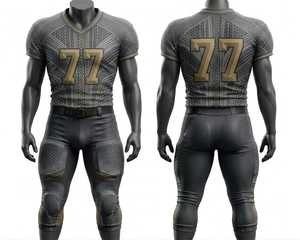Ensemble de maillot de football américain personnalisé noir et or, sublimé, col en V, manches courtes, ajusté, anti-humidité, avec pantalon et protections - Product Image 1