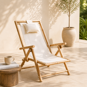 Wholesale Bamboo Deck Chair Adjustable Back Foldable Lounger Canvas <b>Seat</b> Outdoor Indoor Patio Relaxing Chair Made in Vietnam - Product Image 1