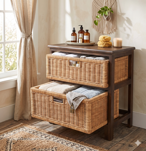 Natural Rattan Wicker Chest Of Drawers 2 Tier Storage <b>Cabinet</b> Wooden Frame Dresser Living Room Bedroom Organizer Home Furniture - Product Image 6