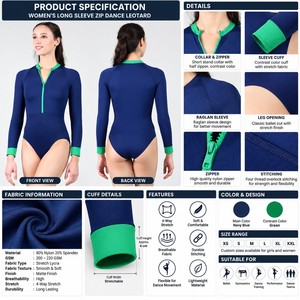 Justaucorps élégant sans manches pour femme, avec fermeture éclair sur le devant, bleu marine, bordure verte, en polyester, pour l'entraînement et la danse - Product Image 6