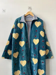 Chaqueta Larga de Terciopelo Azul para Mujer, Bordada con Patrón de Corazones, Manga Larga, Cuello Alto, Estilo Bohemio, Ropa de Abrigo de Invierno - Product Image 2