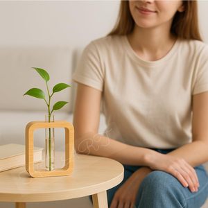 Vase en bois d'acacia fait main de qualité supérieure avec tube à essai en verre – Décoration d'intérieur rustique moderne, porte-fleurs de table - Product Image 2