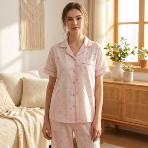 Conjunto de Pijama de Satén de Poliéster Transpirable para Mujer, Manga Corta, Cuello con Botones, Pantalones Largos, Color Rojo Sólido - Product Image 4