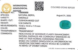 Esmeralda Verde de 5.34 Quilates, Corte Cojín, de Zambia - Product Image 6