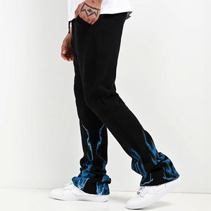 Pantalones Deportivos de Pierna Recta Negros para Hombre con Estampado de Llamas Azules, Cintura Elástica, Estilo Urbano, Transpirables, de Algodón - Product Image 4