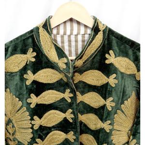 Vintage Green Velvet Embroidered Eco-Friendly <b>Reversible</b> Unisex <b>Coat</b> Mandarin Collar Three Quarter Sleeve All Seasons Outerwear - Product Image 4