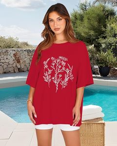 T-shirt en coton à manches courtes et col rond pour femme, imprimé floral rouge, coupe ample, décontracté, printemps-été - Product Image 4