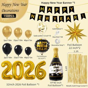 Set di 158 Pezzi per Festa di Capodanno 2026, Decorazioni per un Felice Anno Nuovo, Include Palloncini con Coriandoli Neri e Oro, Frange, Tende e Striscioni - Product Image 2