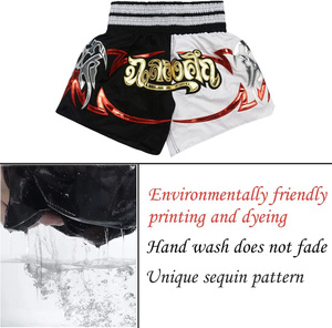 Shorts de Muay Thai pour hommes, noir, blanc, or, imprimé en feuille métallisée, satin, séchage rapide, taille élastique, mi-longueur - Product Image 5