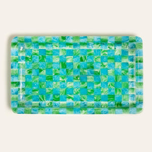 Handmade <b>Resin</b> Serving Tray Green Blue Checkered Pattern Home Decoration Craft Item hotel luxury serving tray <b>Resin</b> <b>crafts</b> decor - Product Image 3