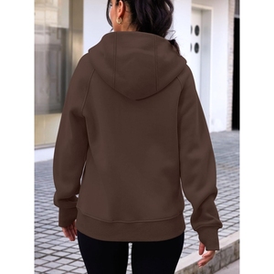 Women Hooded Zip-Up Sweatshirt Solid <b>Brown</b> Full Sleeve Knitted Cotton Breathable Casual Autumn Wear - Product Image 5