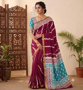 Sari de Algodón Mul con Estampado Sibori y Borde de Zari - Product Image 1