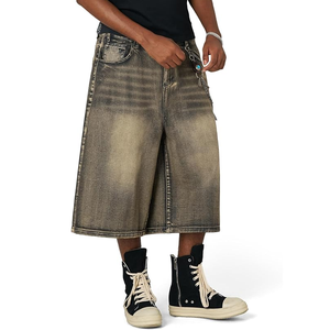Men's High <b>Waist</b> Washed Denim Capri Shorts Street Style With <b>Chain</b> Decoration Black Cotton Canvas - Product Image 3