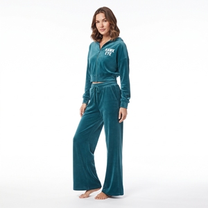 <b>Women</b> <b>Velvet</b> Tracksuit Full Sleeve Hooded Crop Zip <b>Top</b> Wide Leg Jogger Pants Casual Wear Winter Wear Breathable Two Piece Set - Product Image 4