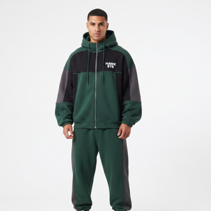Wholesale Heavyweight Men's Tracksuit Custom Patchwork Color Block <b>Full</b> <b>Zip</b> <b>Hoodie</b> And Jogger Set Cotton Fleece Winter Wear - Product Image 5