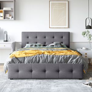 Cama Clásica Queen-Size Tapizada en Tela Gris Oscuro con Plataforma, 4 Cajones, No Requiere Base de Somier, con Cabecera Elegante - Product Image 2