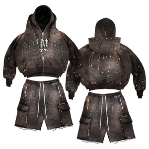 OEM Streetwear Custom Rhinestone Embroidery Vintage Cropped Acid Wash Double Zip Distressed Rhinestone Shorts and Hoodie <b>Set</b> Men - Product Image 1